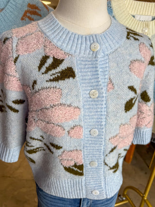 Powder Blue Pink Petal & Knit Short Sleeve Cardigan