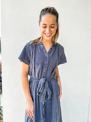 Navy Mineral Wash Button Down Midi Dress