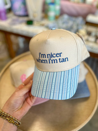 I'm Nicer When I'm Tan Light Blue Stripe Trucker Hat