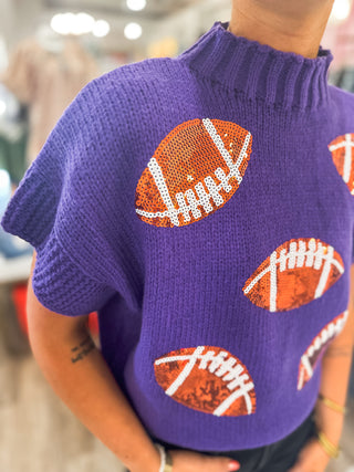 Purple Sequin Football Sequin Patch Sleeveless Sweater