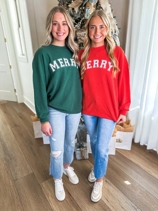 Red Merry Stencil Cloudy Knit Long Sleeve Graphic Pullover