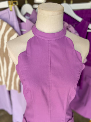 Purple Game On Scalloped Halter Neck Romper