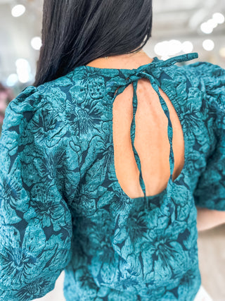 Hunter Green Runway Rose Jacquard Blouse