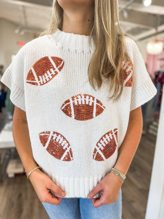 Ivory Sequin Football Sequin Patch Sleeveless Sweater