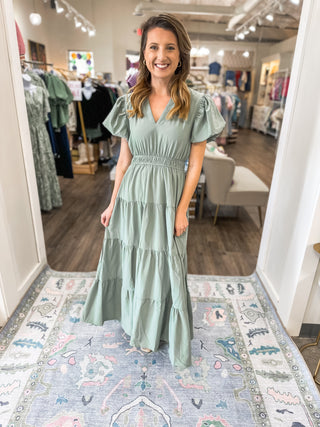 Sage Puff Sleeve V-Neck Maxi Dress