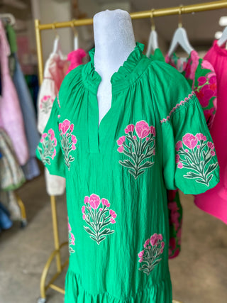 Kelly Green Cottage Bloom Embroidered Bubble Sleeve Mini Dress