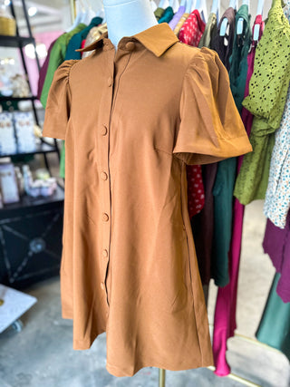 Camel Charm Button Down Collared Mini Dress