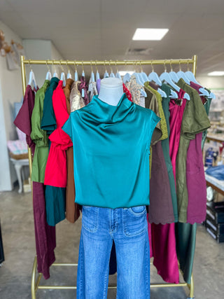 Hunter Green All Dressed Up Satin Cowl Neck Blouse