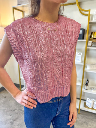 Pink Shimmer Season Sleeveless Cable Knit Cropped Sweater