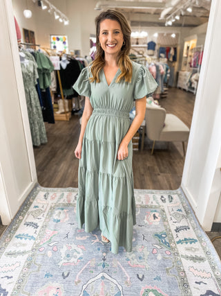 Sage Puff Sleeve V-Neck Maxi Dress