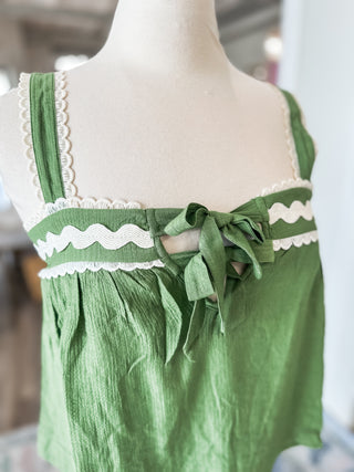 Light Olive Front Split Tie Top W/ Wavy Trim