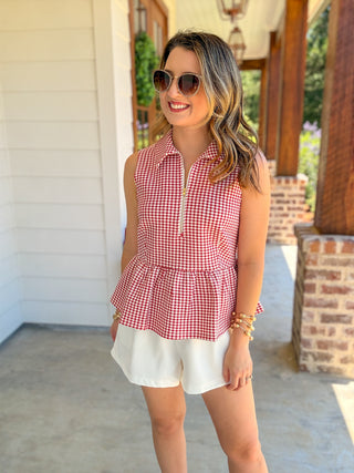 Red Weekend Favorite Gingham Half Zip Peplum Top