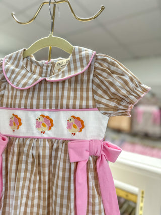 Fall Thanksgiving Lapel Plaid Chick Embroidery Smocking Bow Dress