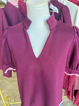 Plum Perfectly Scalloped Contrast Trim Top