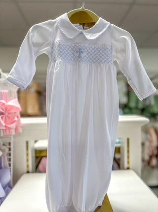 Blue Blessed Smocked Collared Long Sleeve Gown