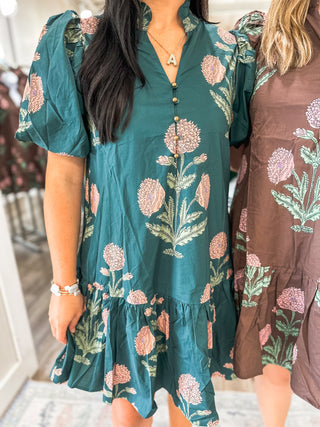 Hunter Green Amber Bloom Garden Mini Dress