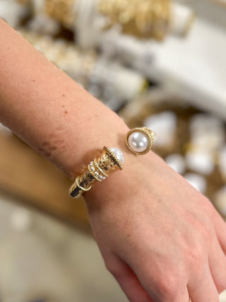 Worn Gold Classy Hinged Bracelet W/ Pearl Accents