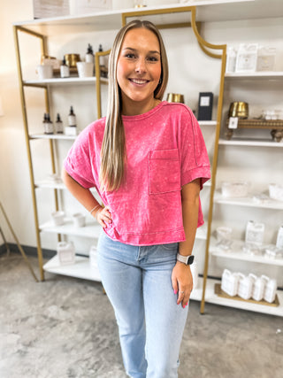 Hot Pink Comfy Acid Washed Relaxed Fit Shoulder Tees