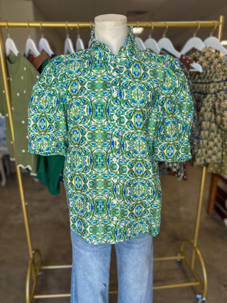 Green & Blue Garden Tile Ruffle Neck Button Down Top