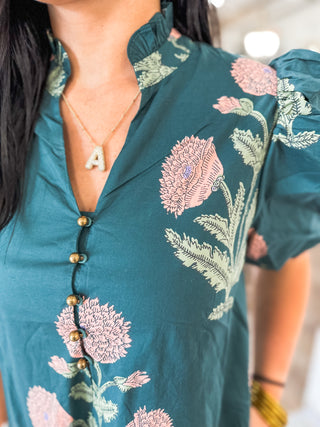 Hunter Green Amber Bloom Garden Mini Dress