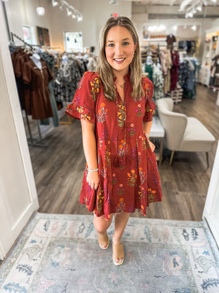 Brick Whimsy Blooms Mini Dress