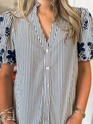Navy Harbor Stripe Floral Embroidered Top