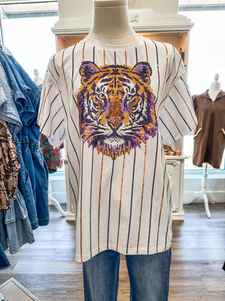 Purple & Gold Sequin Pinstripe Game Day Tigers Luxe Tee