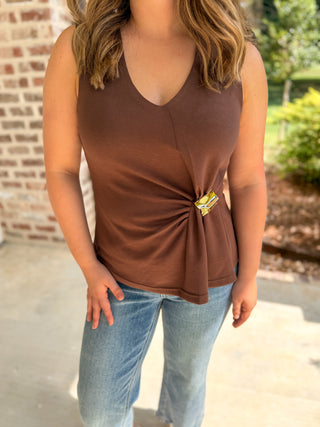 Brown Gathered & Gold V-Neck Top