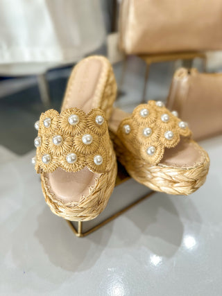 The Candice NATURAL Floral Pearl Raffia Platform Sandal