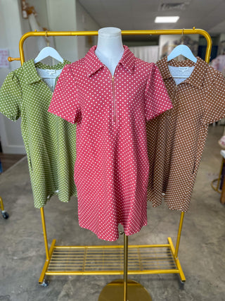 Brick Go-To Polka Dot Half Zip Mini Dress