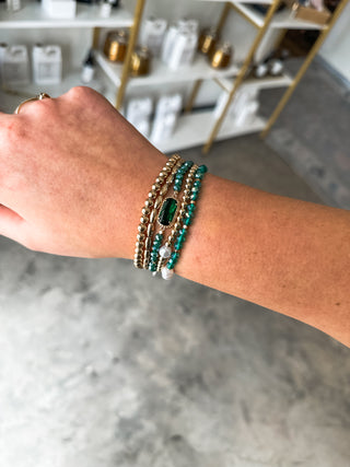 Set of 5 Green Crystal, Pearl, & Gold Stretch Bracelets