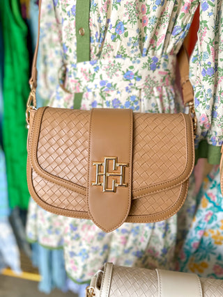 Woven Tan Griffin Crossbody Bag | Caroline Hill