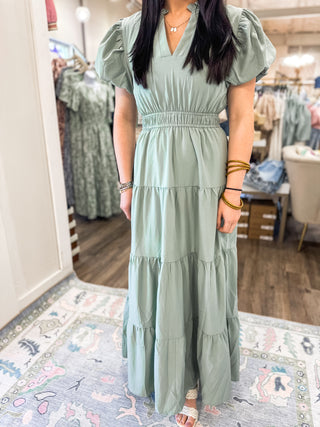 Sage Puff Sleeve V-Neck Maxi Dress