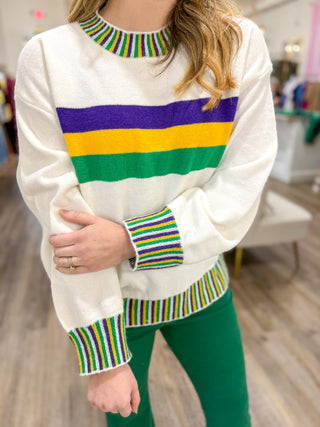 Party Down Main Street Mardi Gras Stripe Sweater Top Pin Stripe Bands