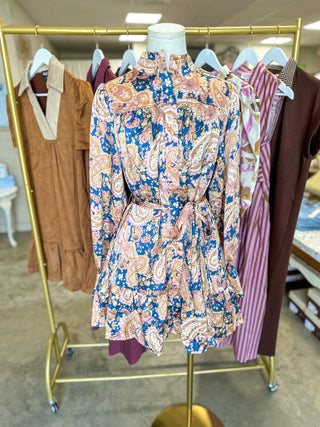 Teal & Blush Paisley Promises Belted Longsleeve Mini Dress
