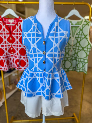 Blue Delicate Lines Gold Button Peplum Top