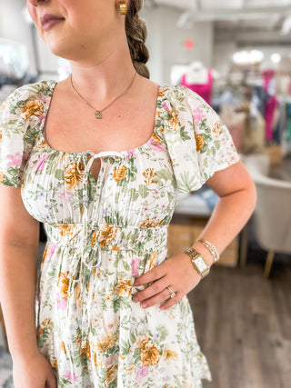 Ivory Floral Splash Front Tie Scoop Neck Mini Dress