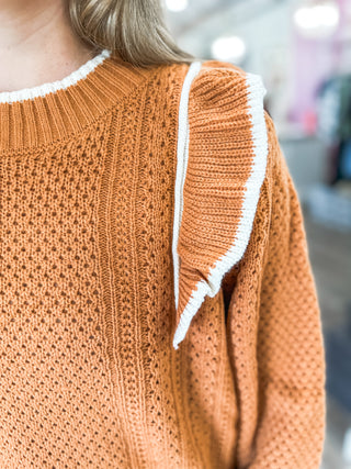 Chelsea's Rust/Ivory Ruffle Shoulder Detail Long Sleeve Sweater Top