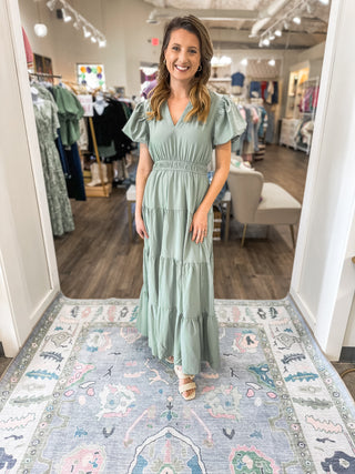 Sage Puff Sleeve V-Neck Maxi Dress