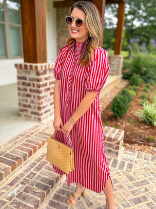 Red Graceful Lines Stripe Midi Dress