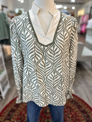 Sage Palmetto Print Long Sleeve Blouse