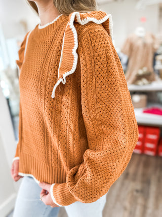 Chelsea's Rust/Ivory Ruffle Shoulder Detail Long Sleeve Sweater Top