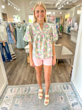 Sage & Pink Floral Jacquard Babydoll Bubble Sleeve Top