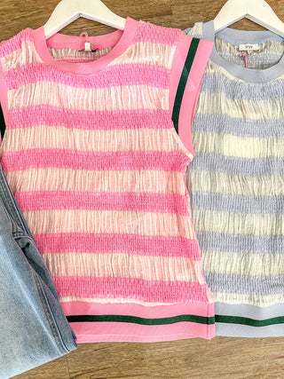 Hues of Pink Striped Sleeveless Top W/ Hunter Green Striped Accent Band