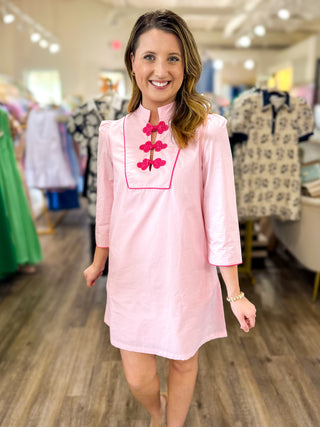 Pink Contrast Trim Tiered Knot Button Detail Mini Dress