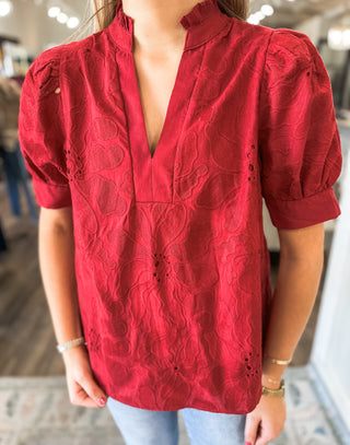 Red Everleaf Eyelet Short Sleeve V-Neck Top
