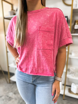 Hot Pink Comfy Acid Washed Relaxed Fit Shoulder Tees