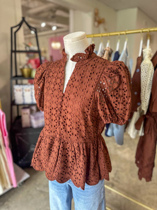 Brown Eloise Eyelet Peplum Top