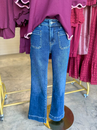 Harper Patch Pocket Dark Wash High Rise Ankle Flare Denim Jeans