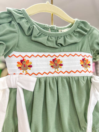 Fall Thanksgiving Chicken Smock Embroidered Green Baby Girl Bubble
